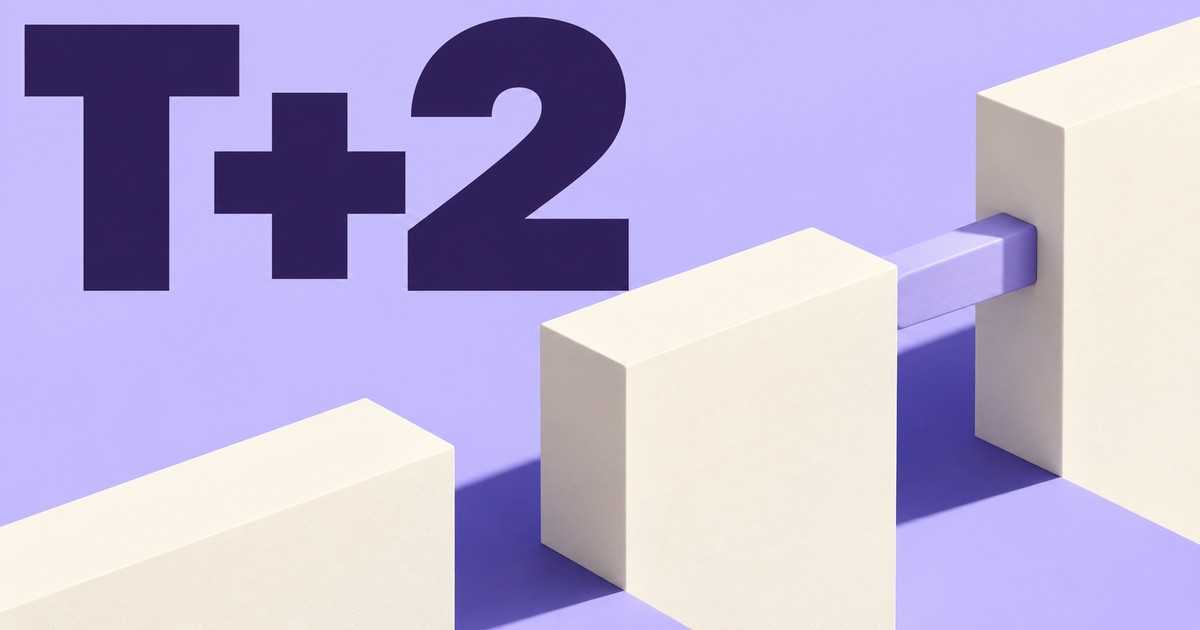 Illustration éditoriale abstraite générée par IA sur « Règlement T+2 et rollover : les dates de valeur ne sont pas des nuits ». Ce ne sont pas des cours historiques.