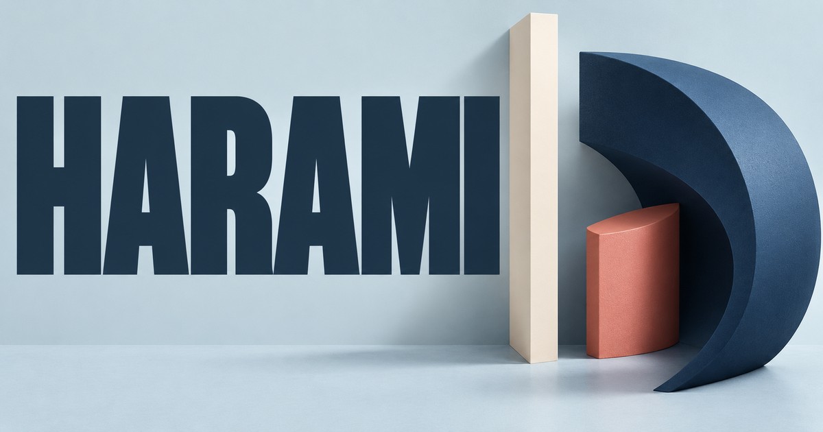 Illustration éditoriale abstraite générée par IA sur « Harami : corps inclus, couleurs et historique ». Ce ne sont pas des cours historiques.